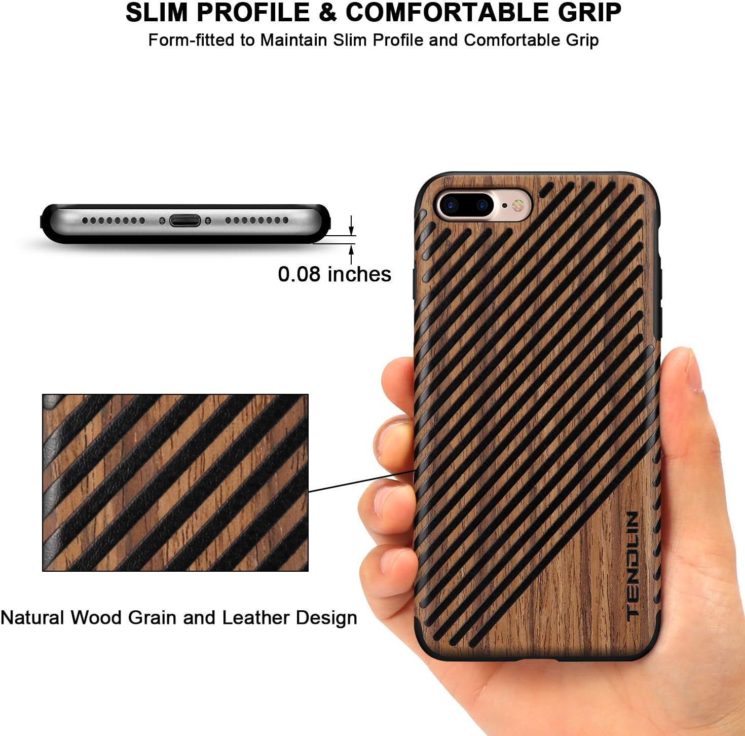 TENDLIN Funda para iPhone 8 PlusiPhone 7 Plus con grano de madera exterior suave TPU silicona híbrida funda delgada para iPhone 7 Plus y iPhone 8