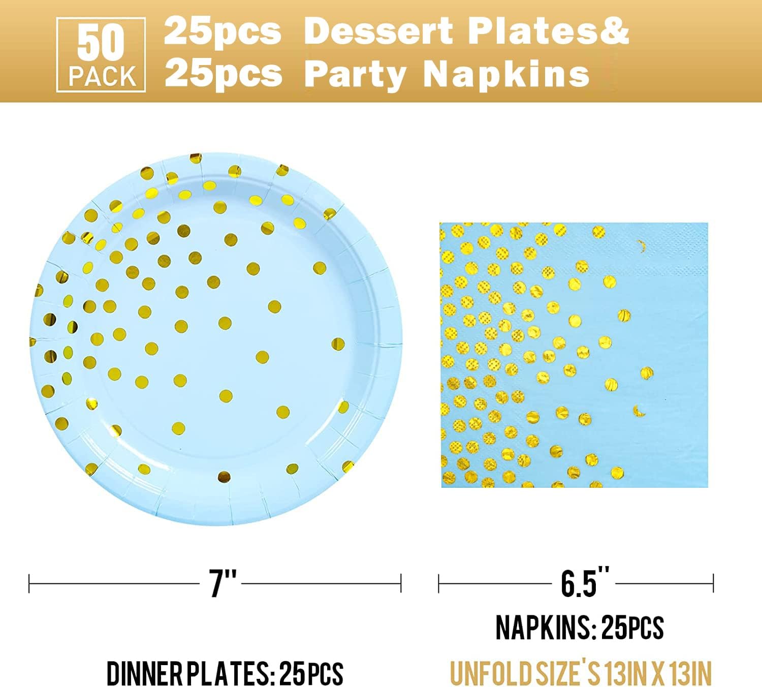 Platos y servilletas de papel azul dorado  Platos de postre de 25 x 7 pulgadas y servilletas de 25 x 6.5 pulgadas, platos de papel azul para fiestas