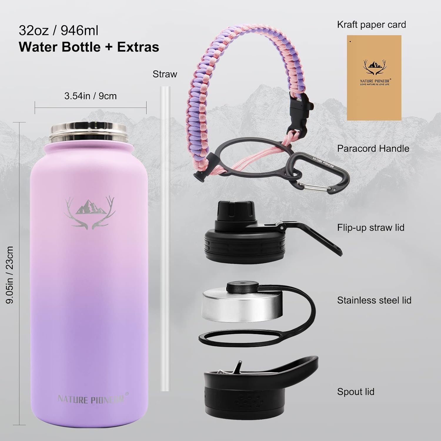 NATURE PIONEOR Botellas de agua aisladas con mango de paracaídas, 24324064 onzas, botella de agua deportiva de boca ancha con 3 tapas, de acero