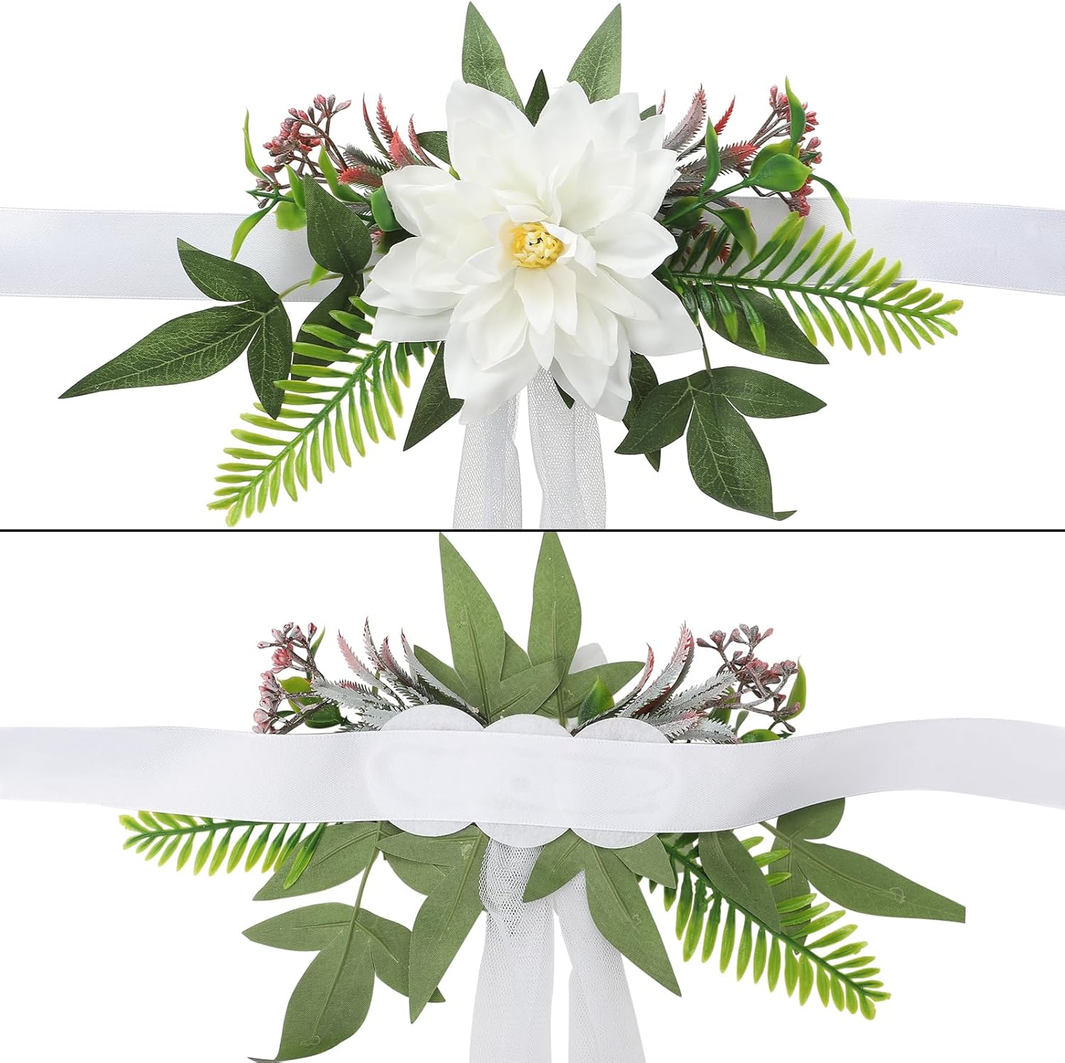 Fofetbfo Juego de 6 decoraciones para sillas de pasillo de boda, flores artificiales con cintas, sillas, respaldo de banco, arreglo de flores para