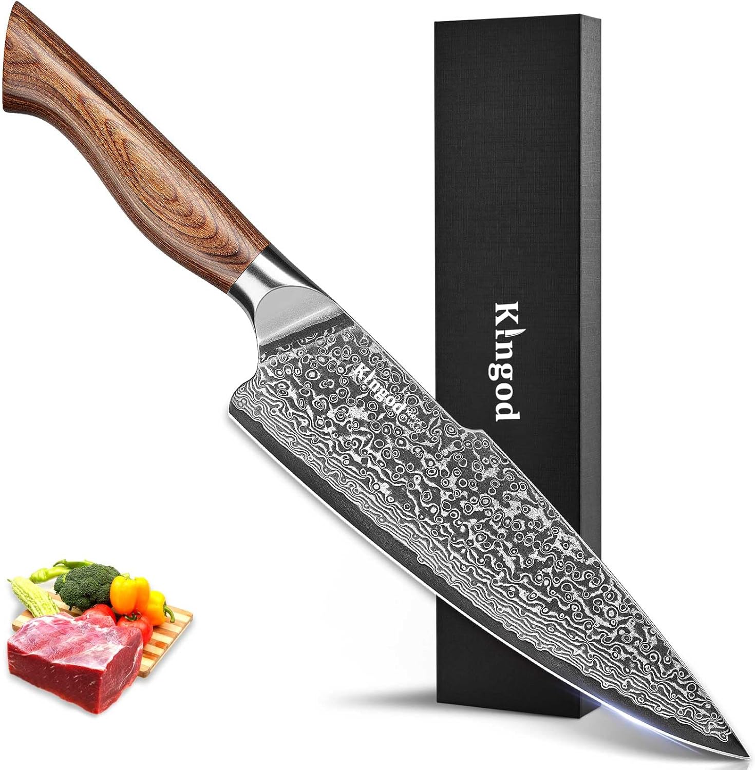 KINGOD Cuchillo de chef japonés VG10 de 8 pulgadas, cuchillo de cocina súper afilado, mango ergonómico, cuchillo de cocina multiusos, cuchillo de