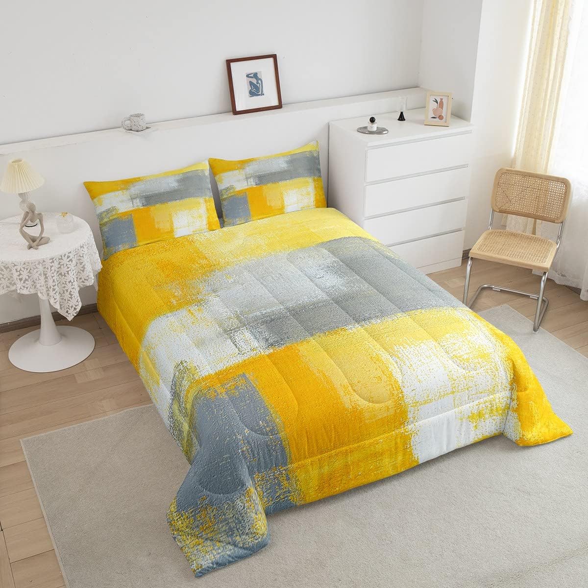 Erosebridal Juego de ropa de cama de color amarillo degradado, juego de edredón de teñido anudado blanco, tamaño Queen, color gris, abstracto,