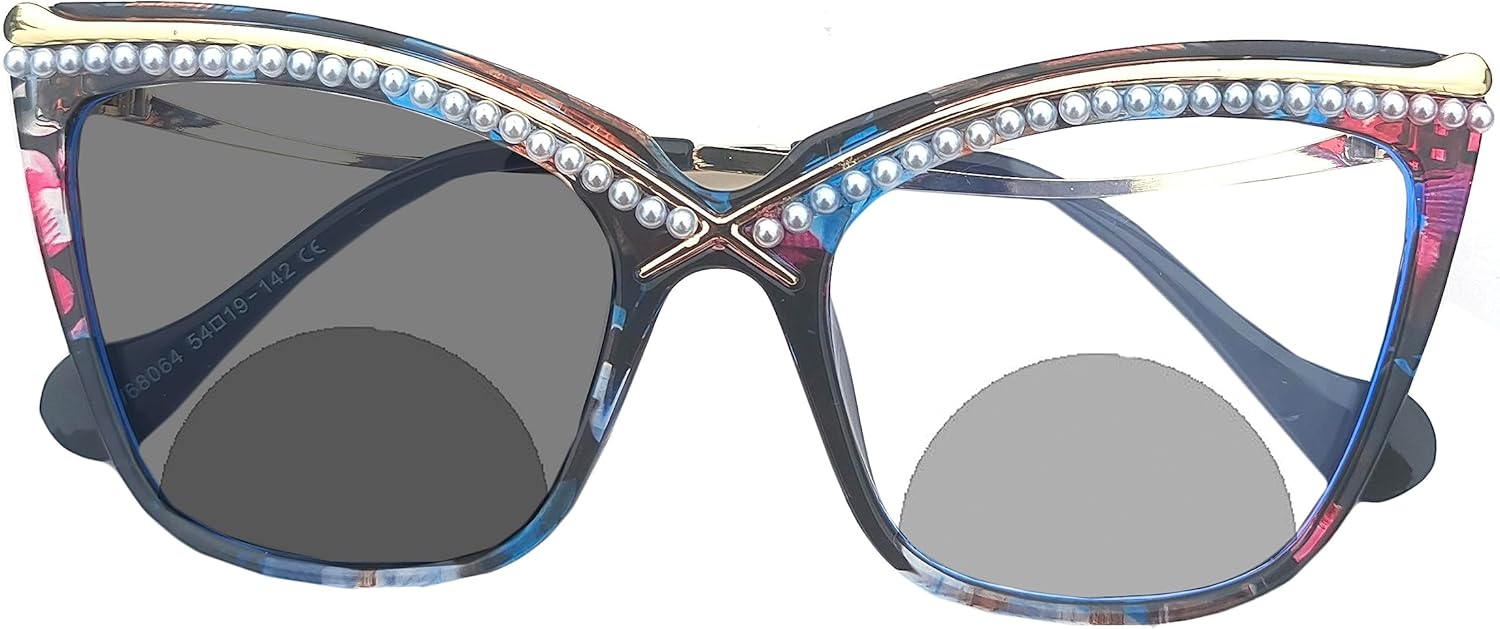 Gafas de lectura bifocales de gran tamaño para mujer, gafas de sol de lectura fotocromáticas de transición de ojo de gato con diamantes de imitación