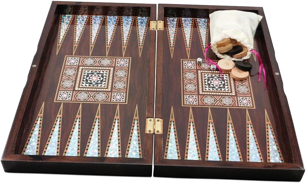 Yenigun Tavla 20″ Madre de Perla Patrón laminado madera comprimida cuadros Backgammon Set