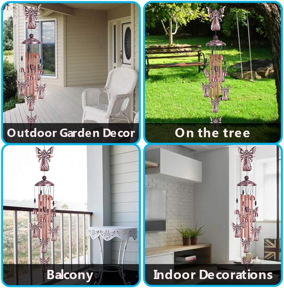 Campanillas de viento de ángel de jardín de 36 pulgadas para decoración interior y exterior, con 4 tubos de aluminio, 6 campanas, 7 ángeles,