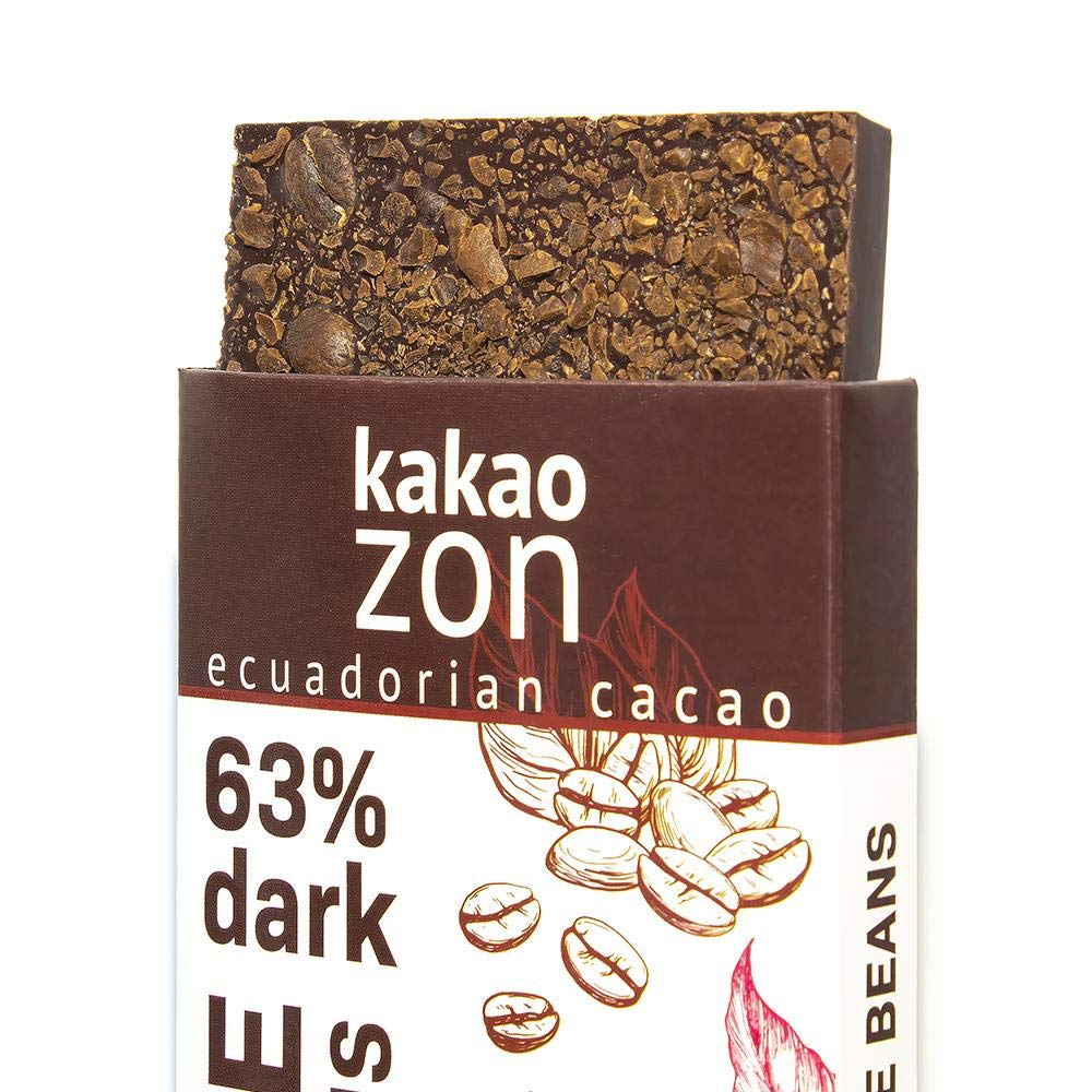KakaoZon Barras de chocolate negro  63% chocolate negro con granos de café  Sin gluten  Vegano  Sin OMG  Libre de todos los principales alérgenos