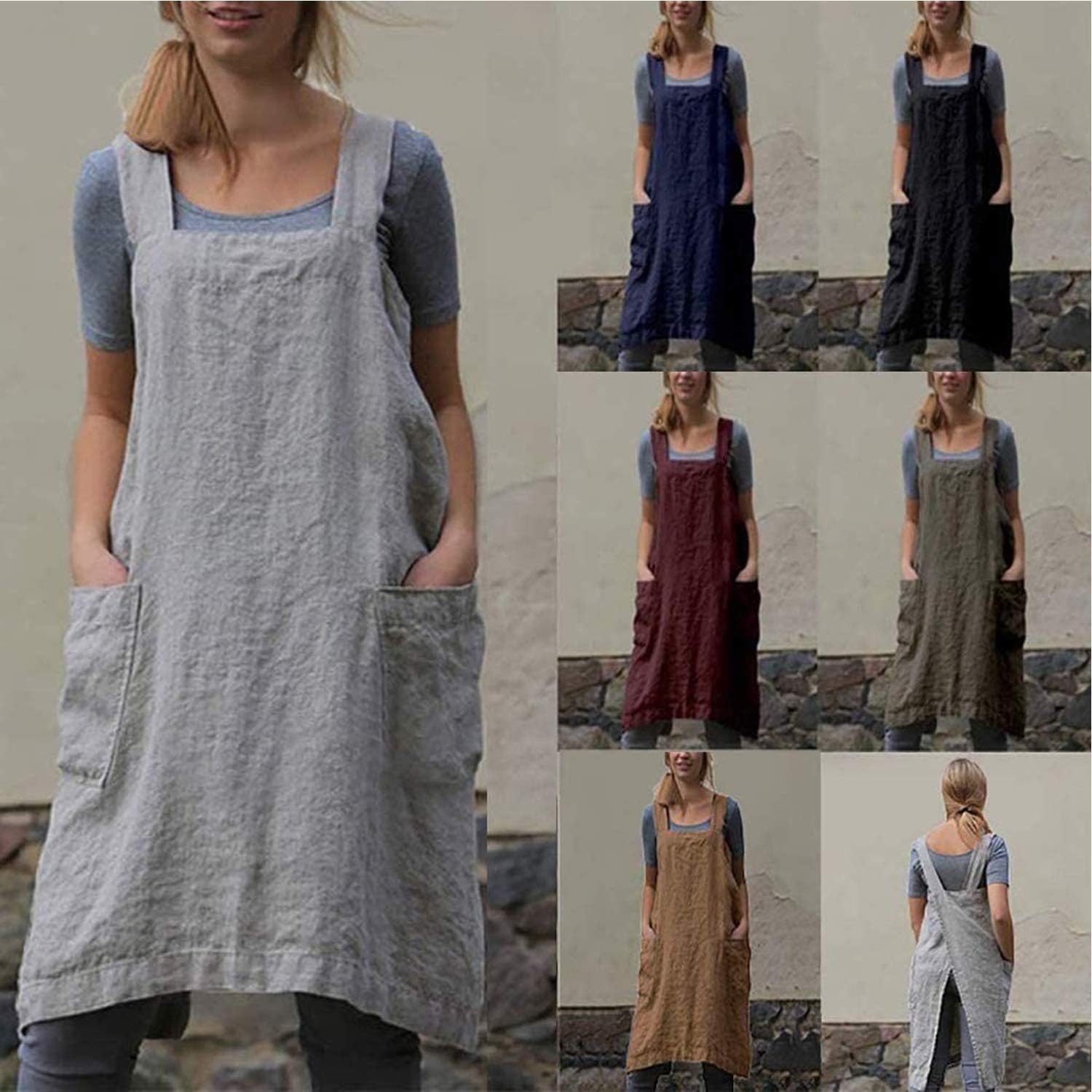 Delantal Pinafore con espalda cruzada con bolsillos, delantal de lino y algodón, talla grande