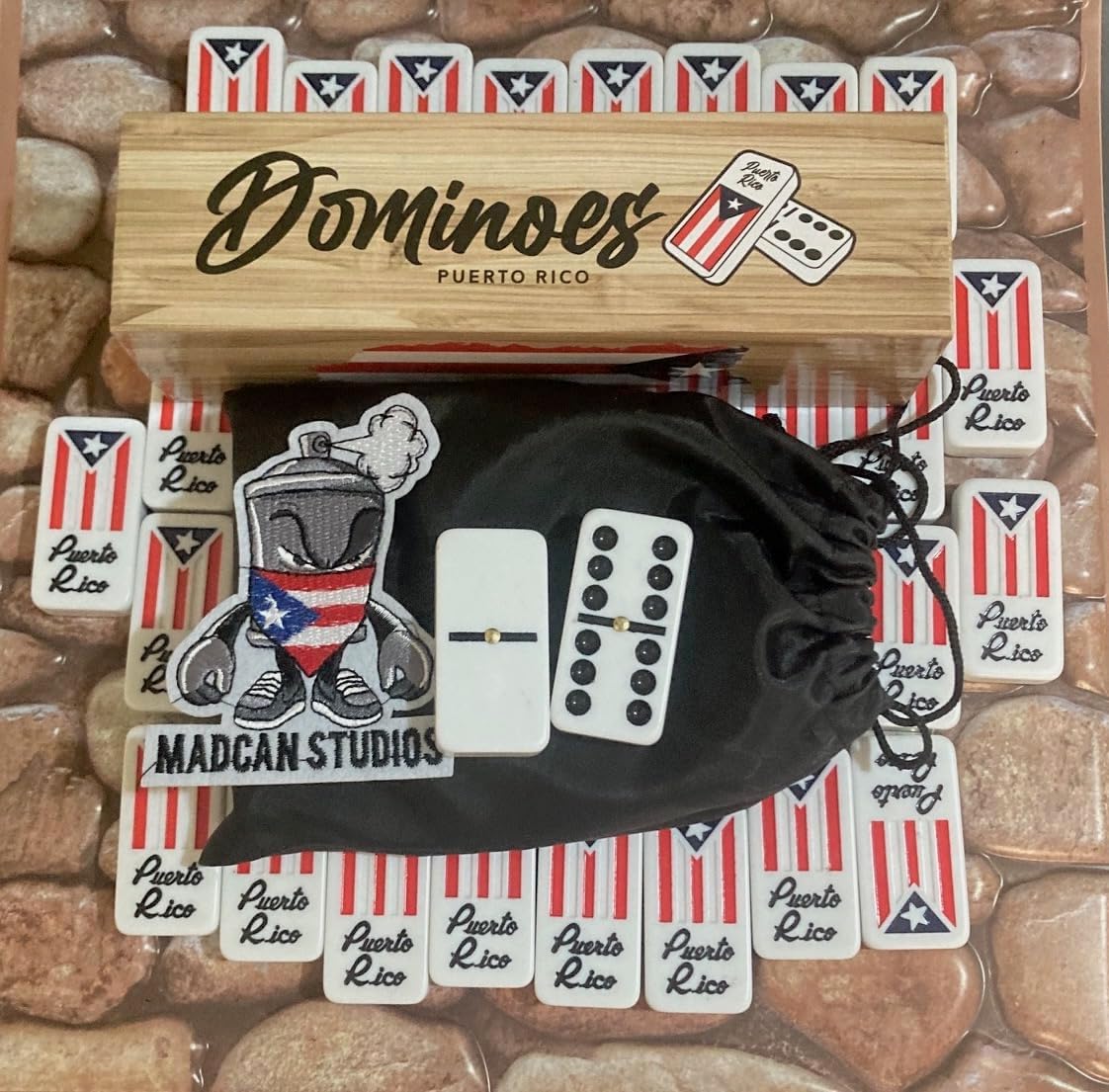 Juego de dominó de Puerto Rico, juego de dominó puertorriqueño, accesorios estilo boricua doble seis dominó de gran tamaño con banderas de Puerto