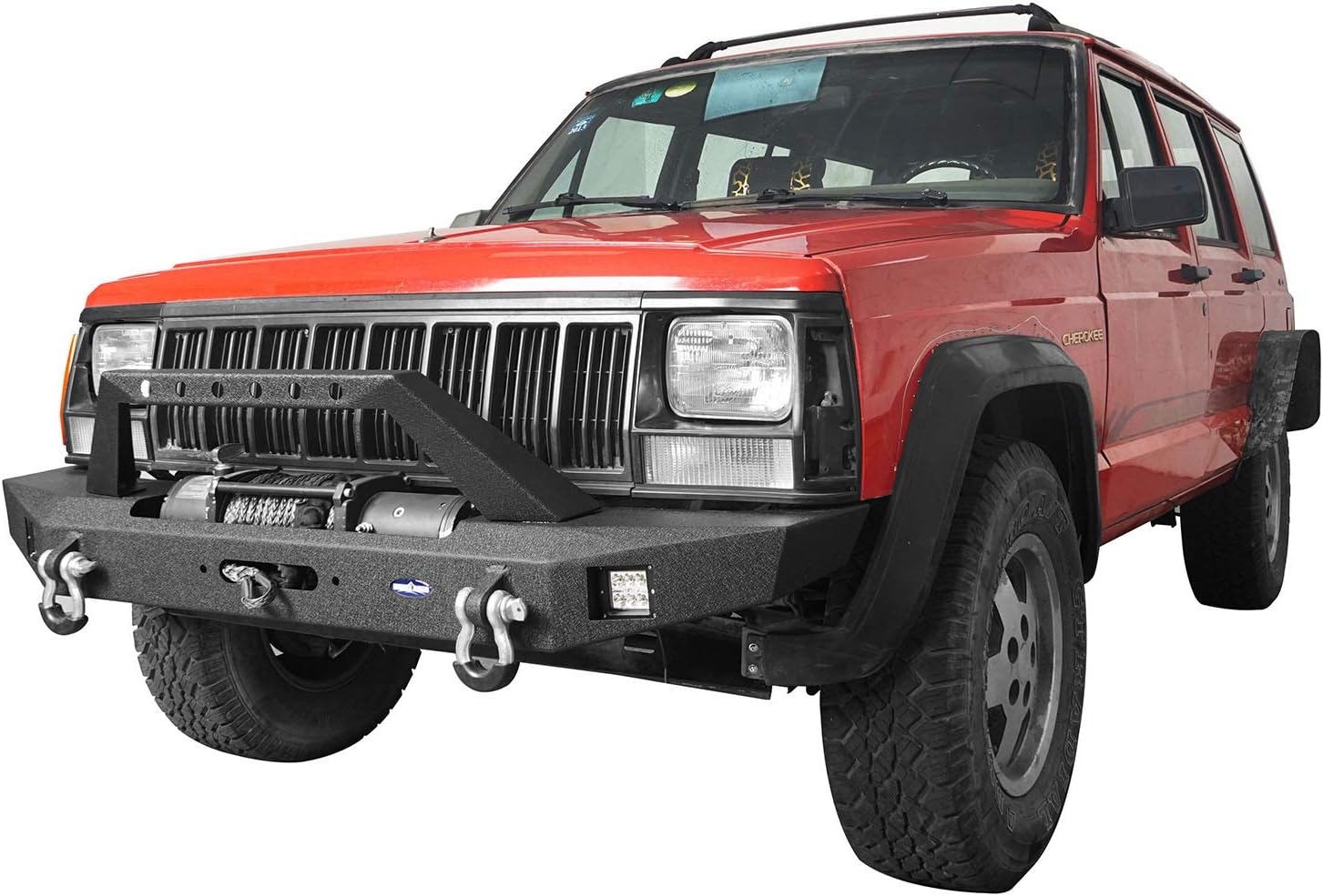 Hooke Road Parachoques delantero de acero para Jeep XJ con placa de cabrestante compatible con Jeep Cherokee XJ 1984-2001