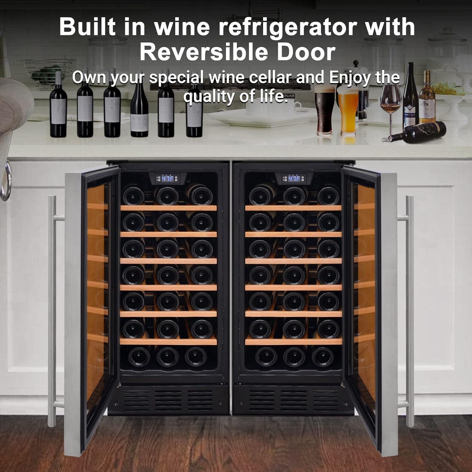 Enfriador de vino de 15 pulgadas debajo del mostrador, refrigerador de vino integrado de 33 botellas, puerta de vidrio debajo del gabinete, acero