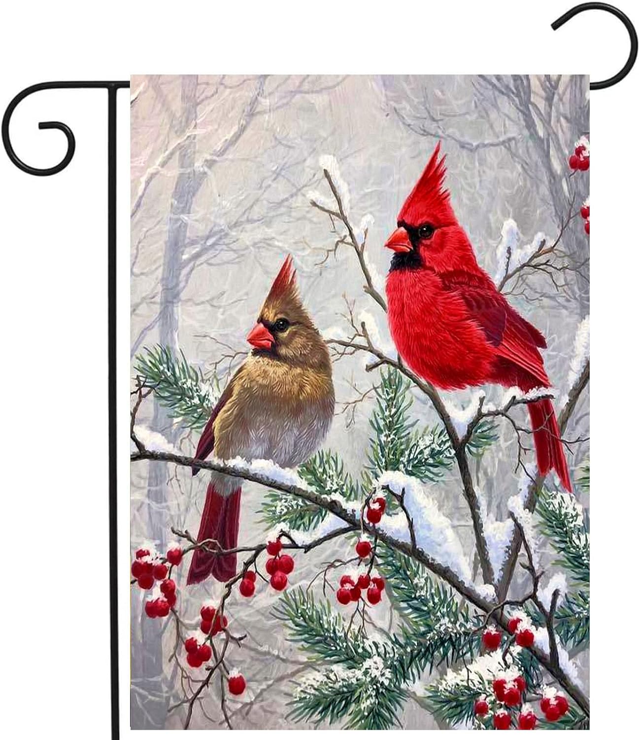 Banderas de jardín de pájaros cardenales de invierno, pancartas de Navidad para exteriores, de 12 x 18 pulgadas, de doble cara, pájaros rojos en