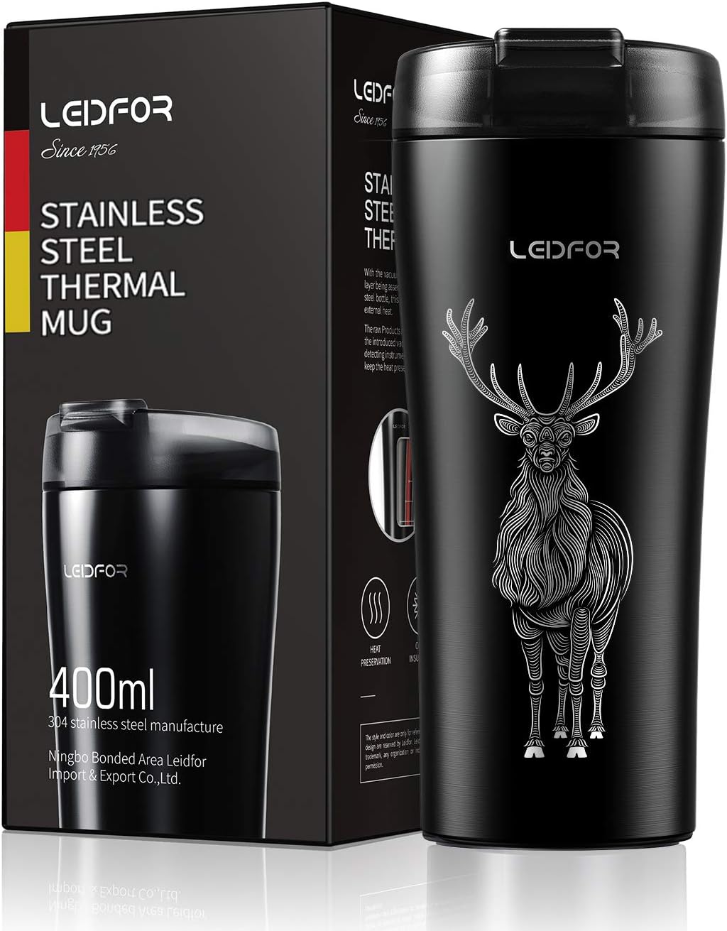 Taza de viaje de café con tapa antiderrames, vaso de acero inoxidable de doble pared aislado al vacío, taza térmica para bebidas, 16 onzas, alce