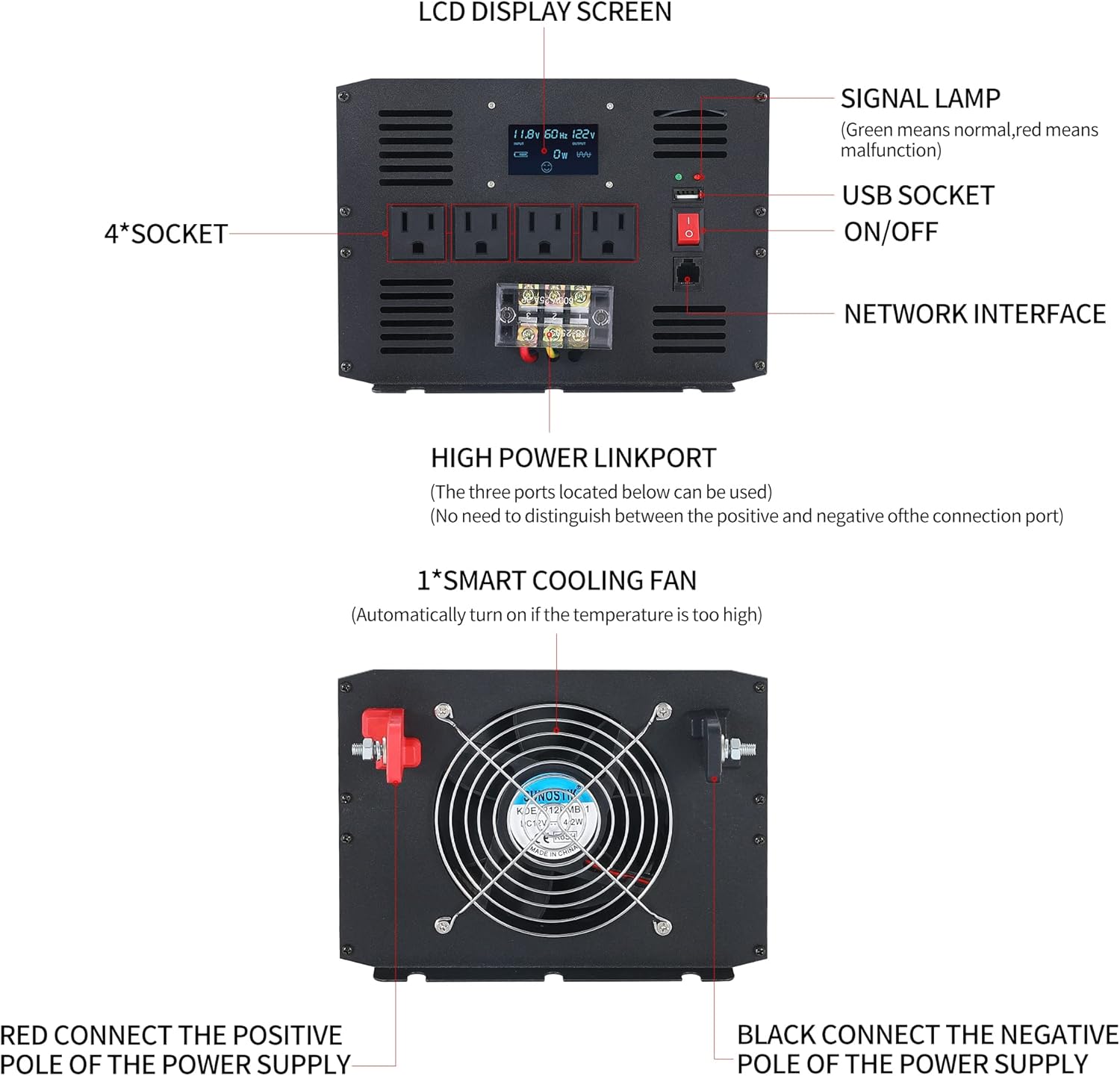 Inversor de corriente, inversor de onda sinusoidal pura de 3500 W, CC 12 V a CA, 120 V, inversor de automóvil con pantalla digital LCD, control