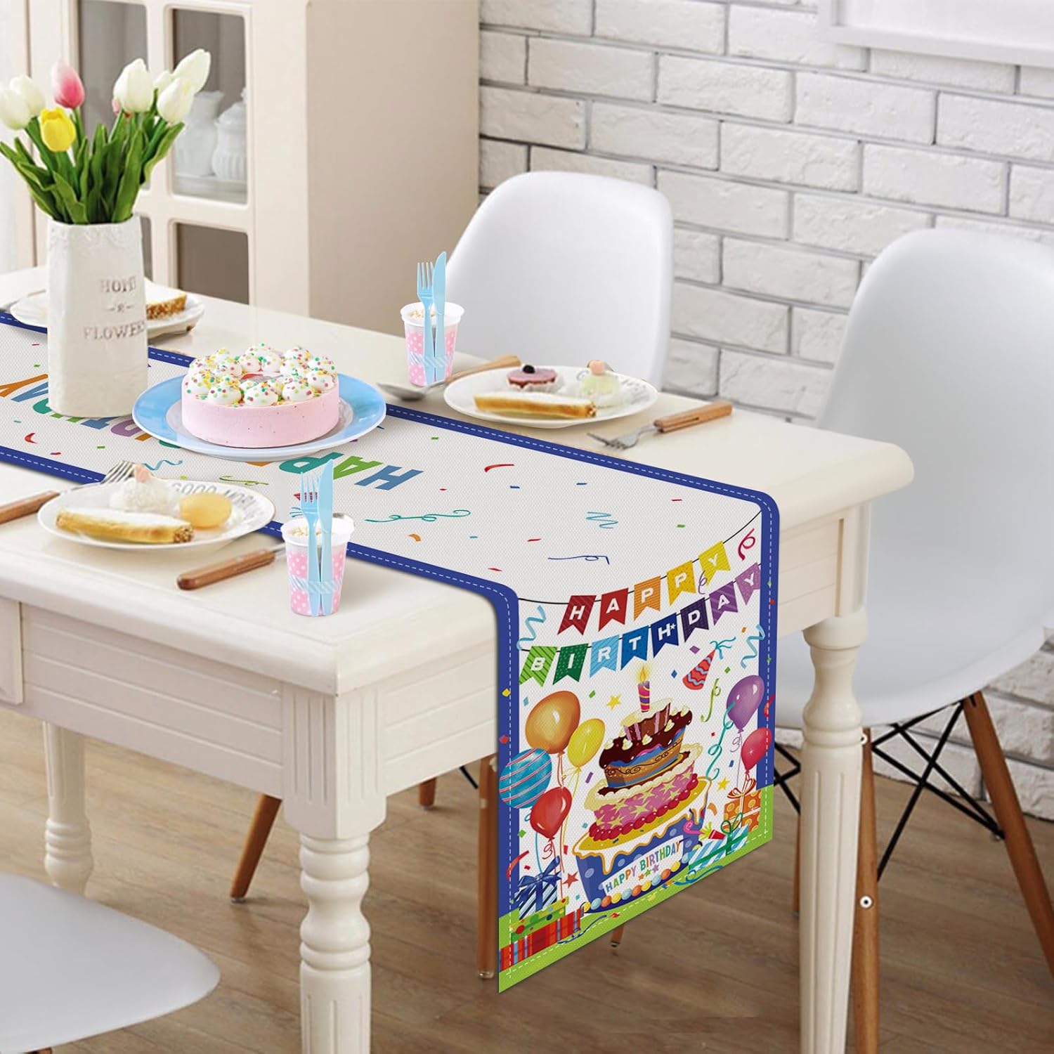 Bonhause Camino de mesa de feliz cumpleaños de 13 x 72 pulgadas, globos para tartas, regalos, cocina, comedor, decoración de cumpleaños para