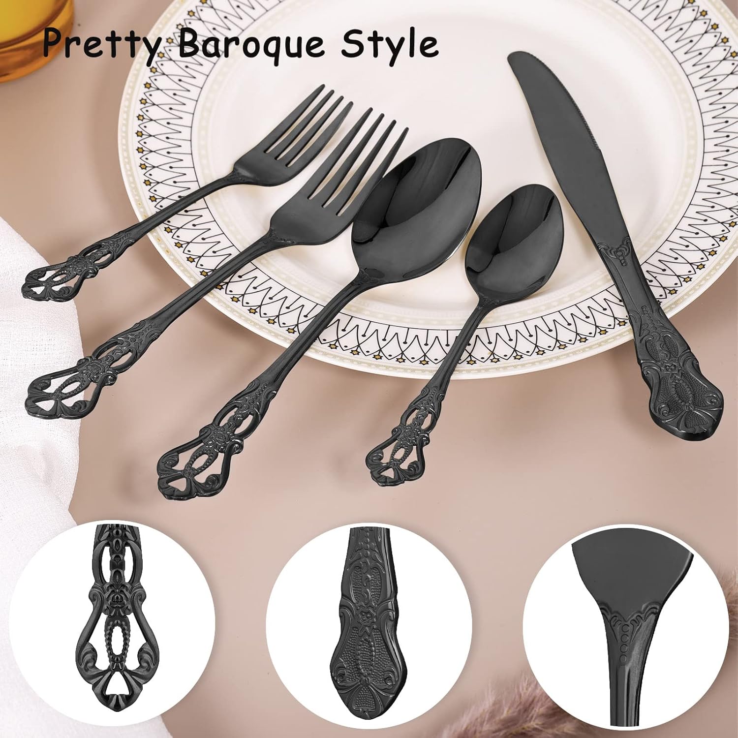 Juego de cubiertos negros para 8, juego de cubiertos de acero inoxidable, juego de cubiertos retro real, 40 piezas, juego de utensilios de cocina,