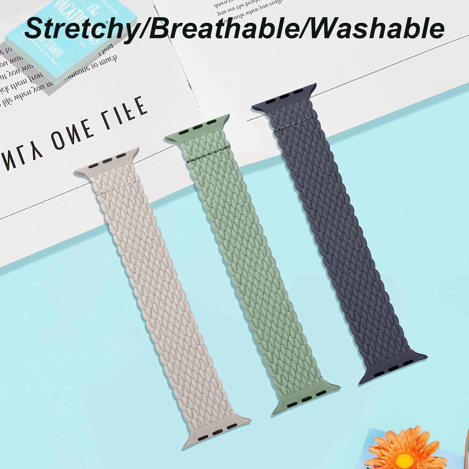 Paquete de 3 correas trenzadas Solo Loop compatibles con Apple Watch de 1.496 pulgadas, 1.575 pulgadas, 1.614 pulgadas, 1.654 pulgadas, 1.732