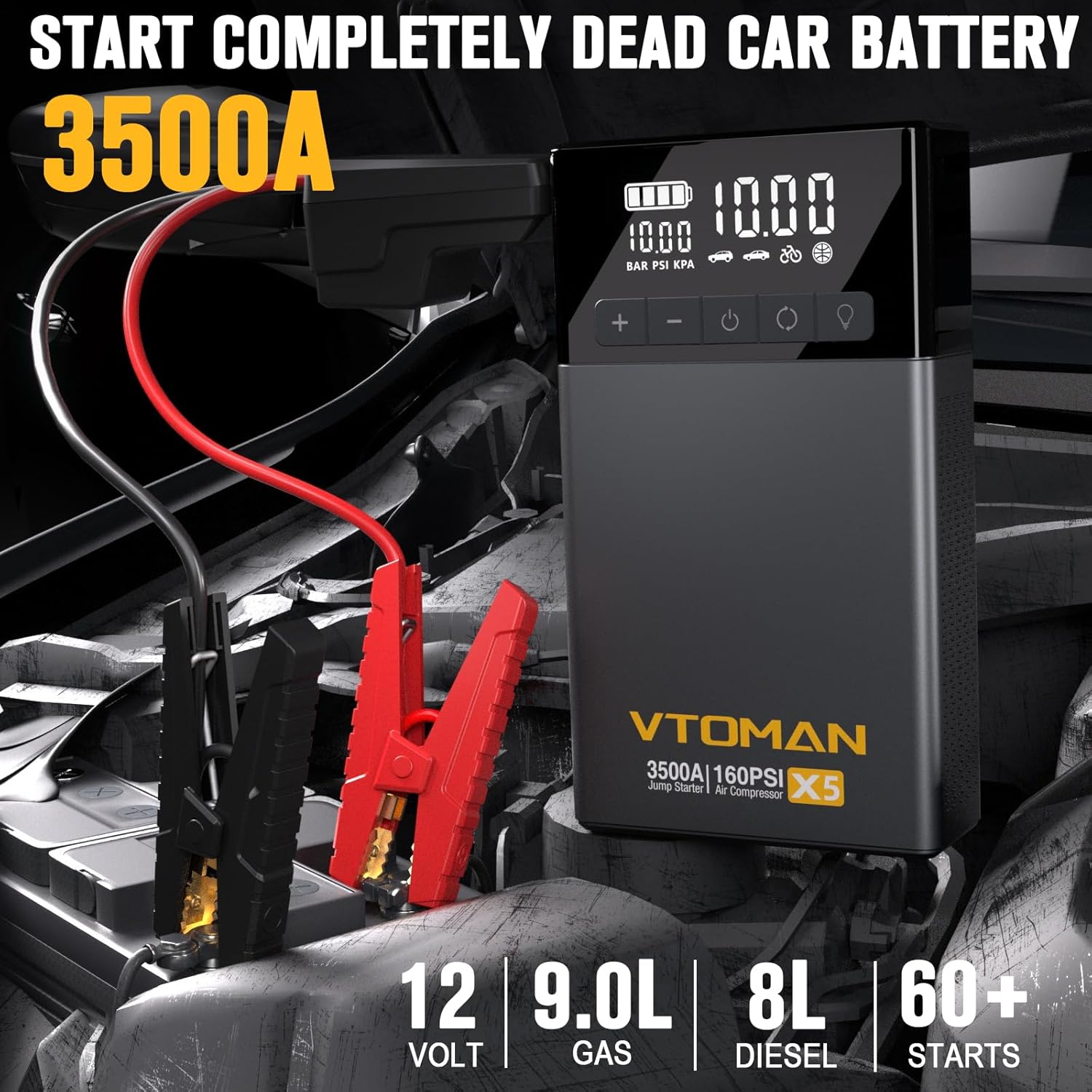 VTOMAN Arrancador de salto X5 con compresor de aire, 3500 A portátil de batería de coche (hasta 9L de gasolina8L motores diésel) con inflador