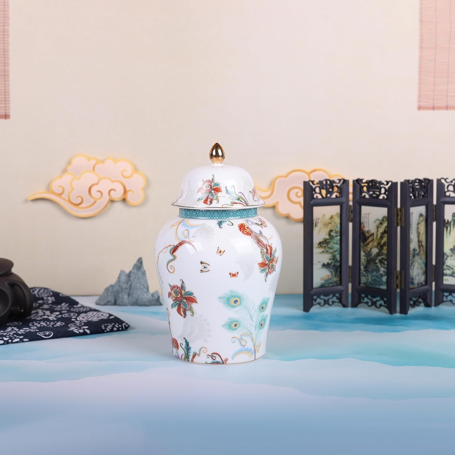 Tarro de jengibre chino con tapa, estilo antiguo, decorativo para el hogar, retro, flores de porcelana azul y blanca, florero de cerámica cubierto,