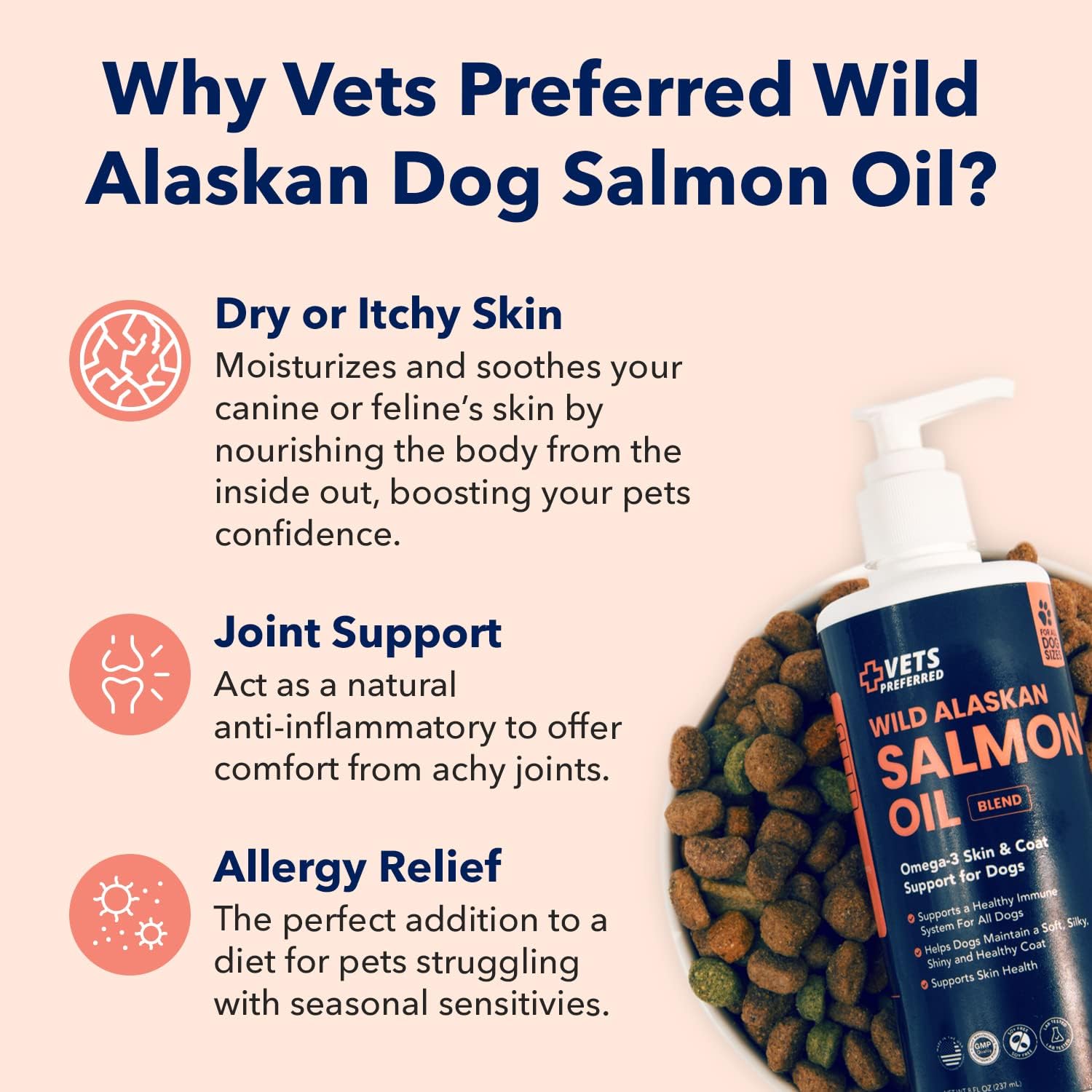 Vets Preferred Aceite de salmón salvaje de Alaska para perros, piel y pelaje, aceite de pescado Omega 3 de primera calidad para un pelaje saludable