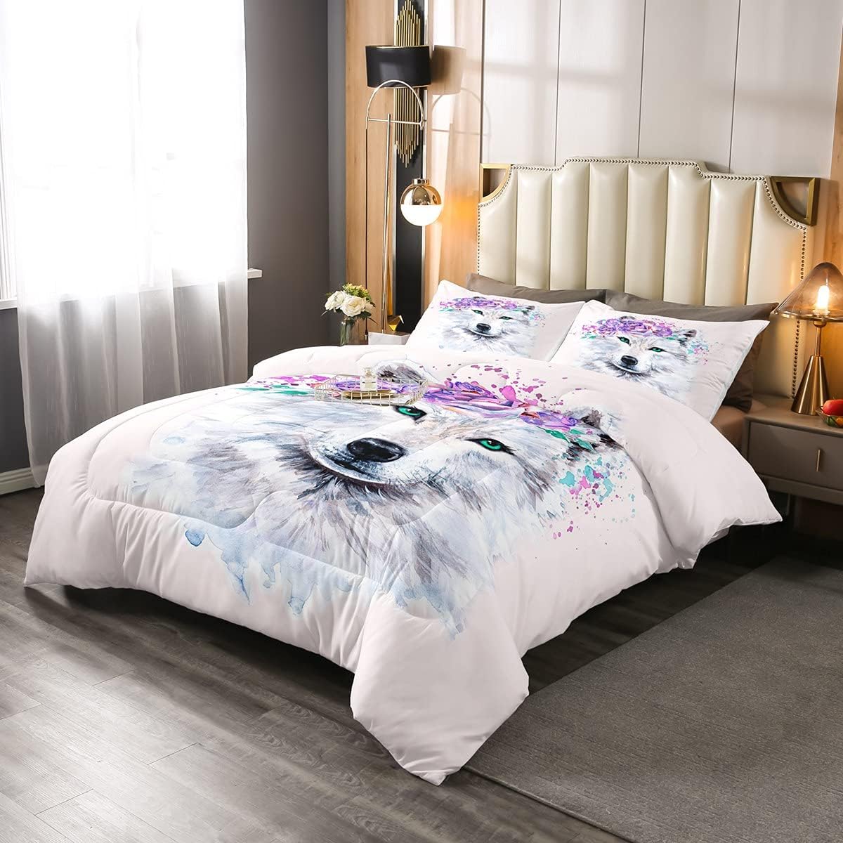 Juego de ropa de cama de lobo con diseño de animales de safari con ojos verdes, juego de edredón de teñido anudado para niñas, edredón de plumas de