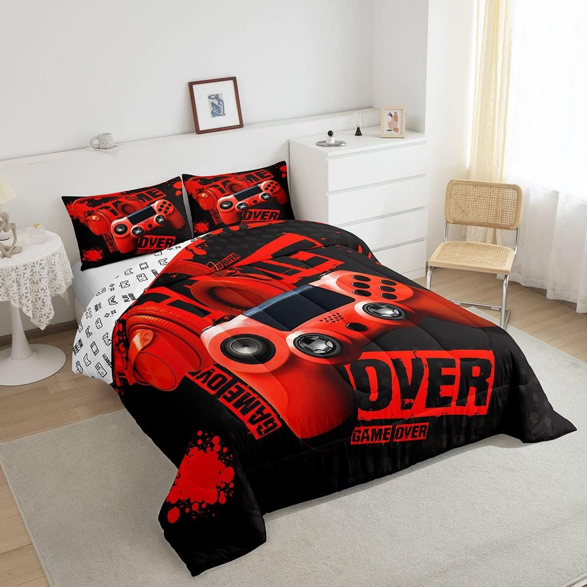 Juego de edredón de videojuegos para niños, tamaño individual, color rojo y negro, juego de ropa de cama de videojuegos para niños, niñas y
