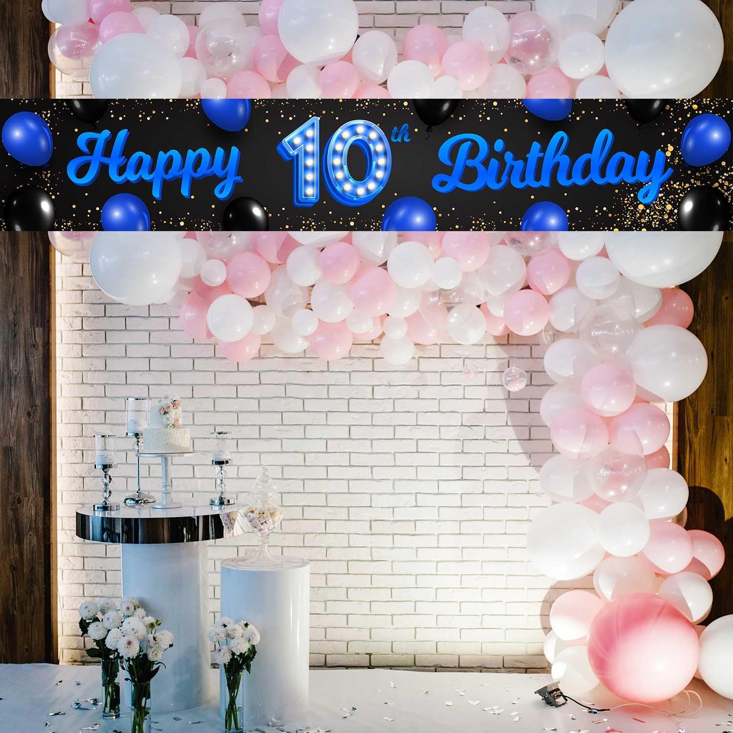 Cartel azul y negro de feliz cumpleaños número 10 años de edad, globos de confeti, decoración temática para niñas de 10 años, suministros de