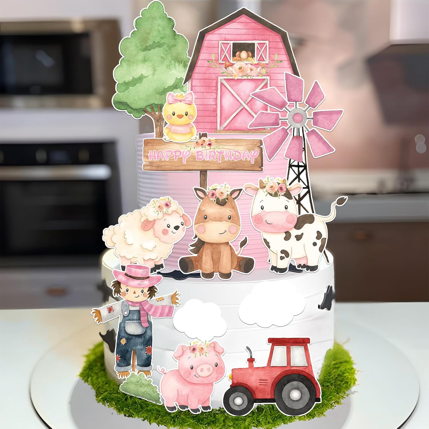 Decoración rosa para tartas de animales de granja, decoración de cumpleaños, 14 piezas de animales de granja, decoraciones para tartas, suministros