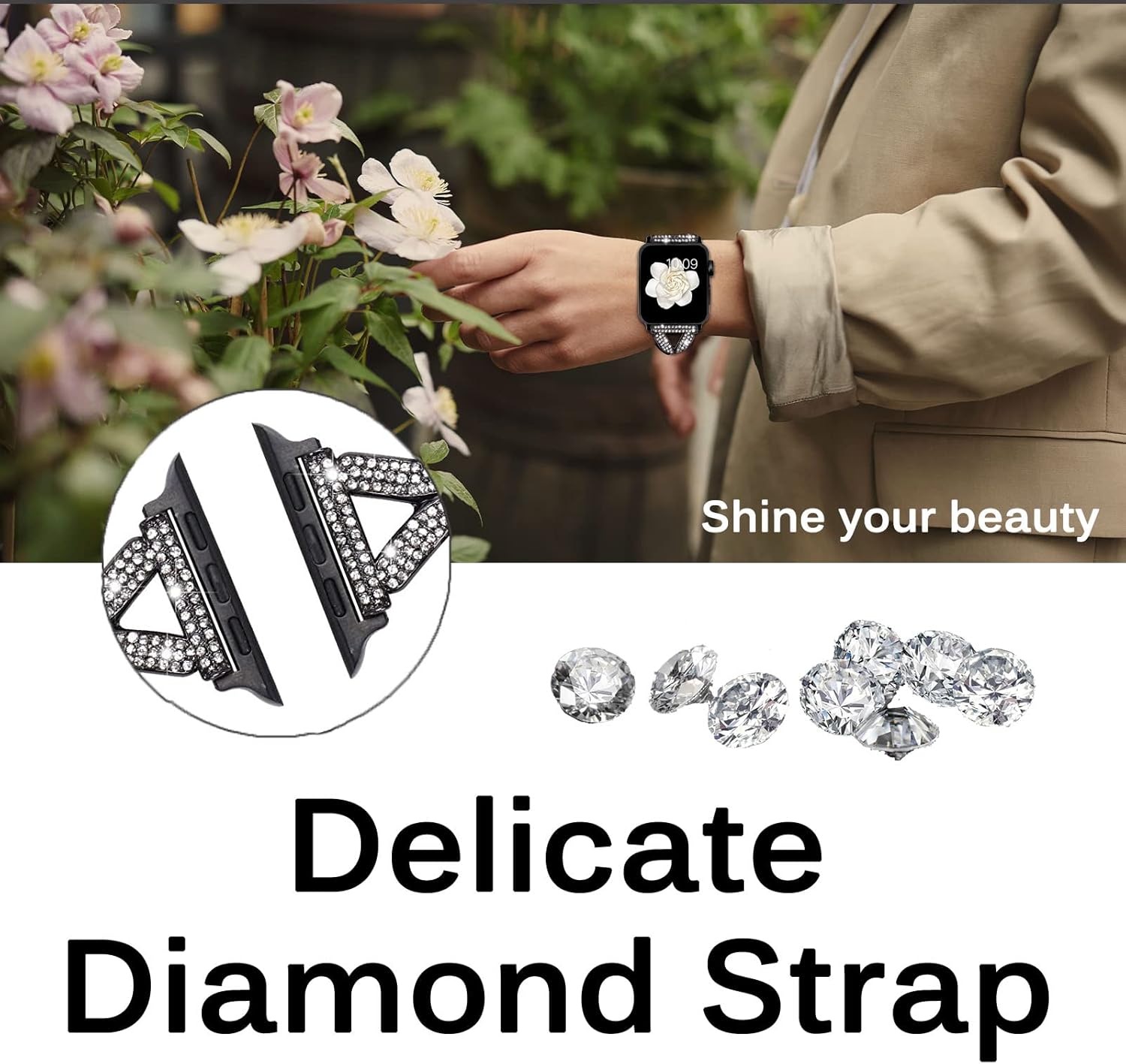 Miimall Correa compatible con Apple Watch con purpurina de 1.49, 1.57, 1.61, 1.77, 1.73, 1.65 y 1.73 pulgadas, acero inoxidable con diamantes de