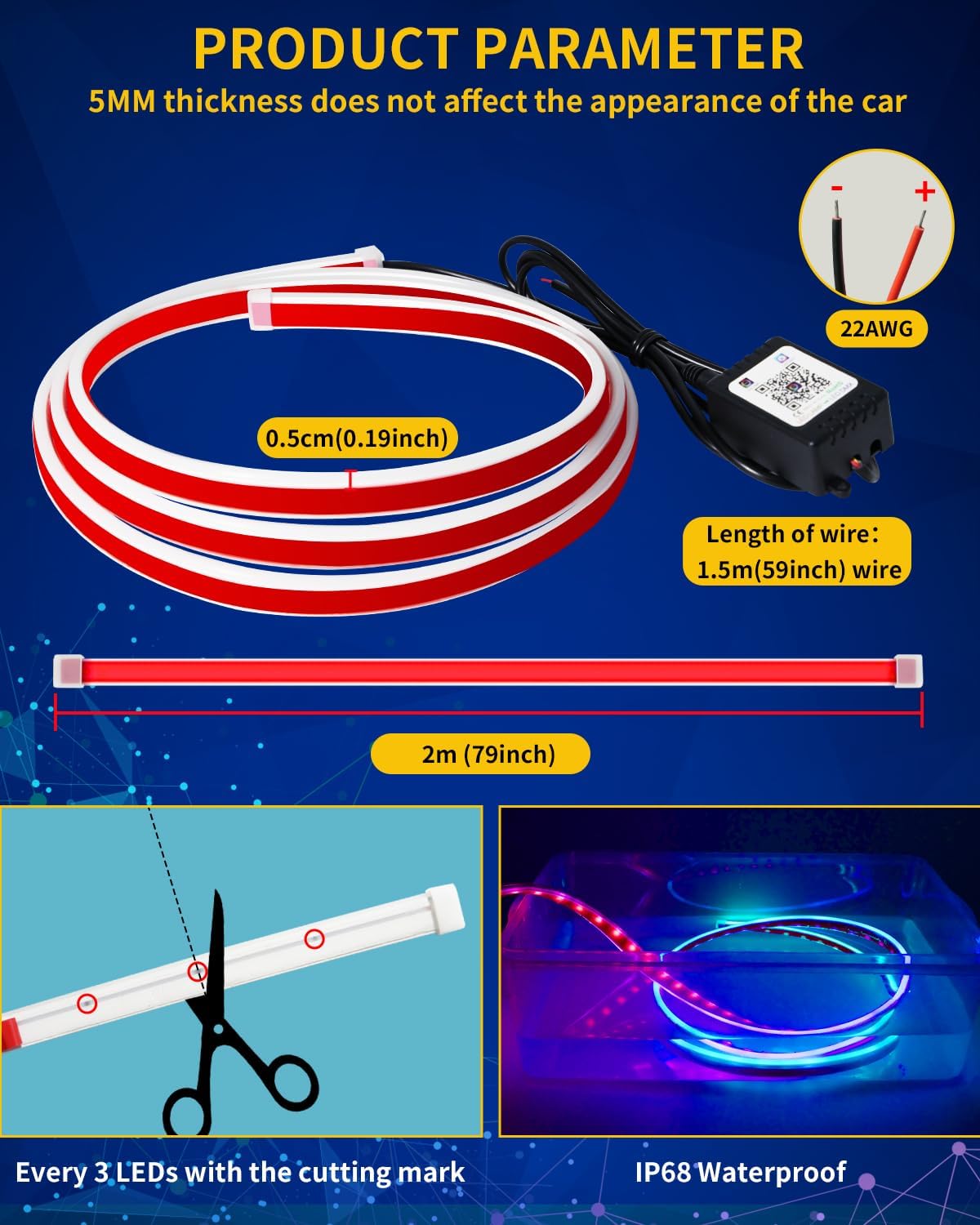 Tira de luz LED para capó de automóvil, RGB multicolor dinámico escaneo dinámico con aplicación y control remoto, 12 V actualizado, impermeable,