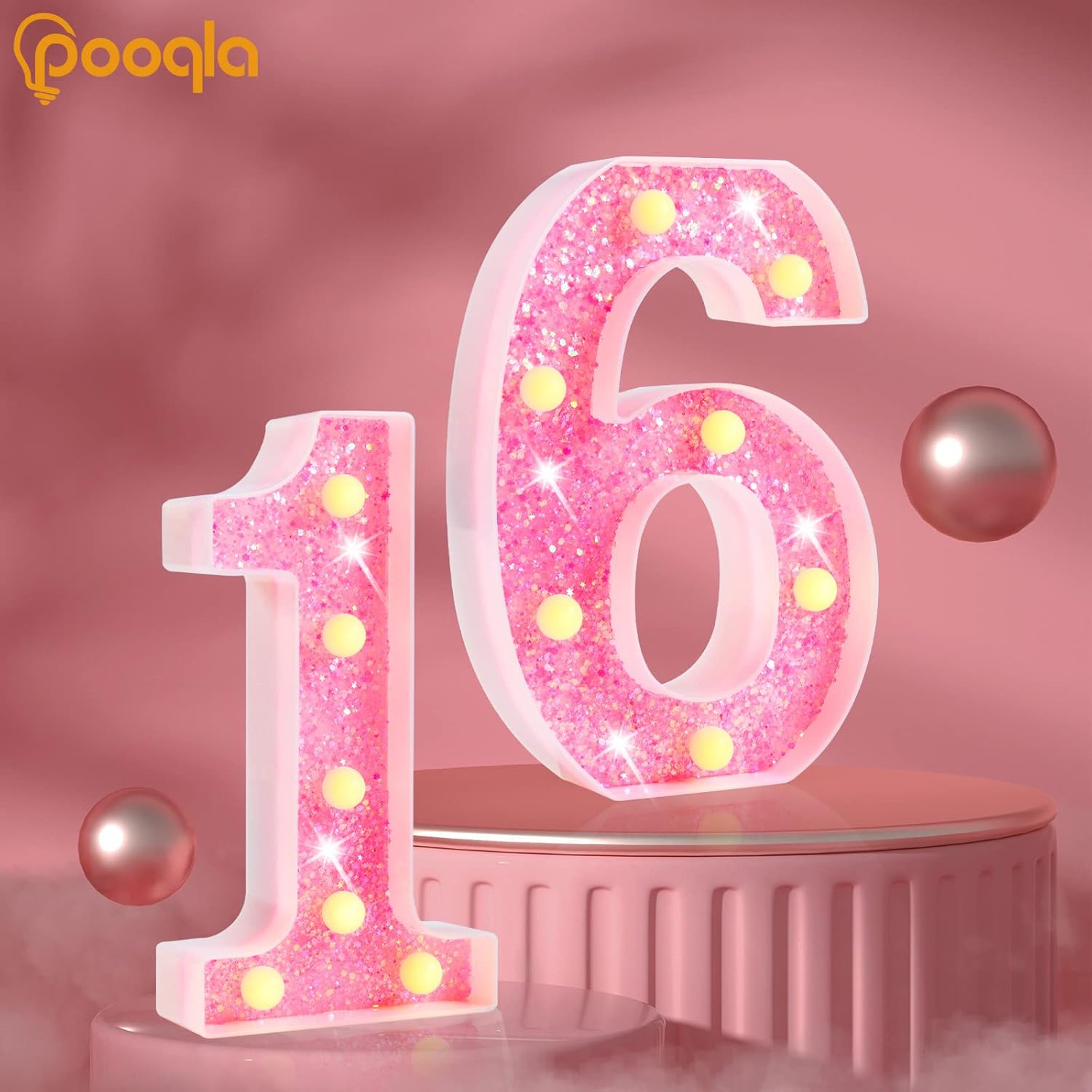Pooqla Números de marquesina, números iluminados con pilas, números iluminados con purpurina para fiesta de cumpleaños, números LED brillantes para