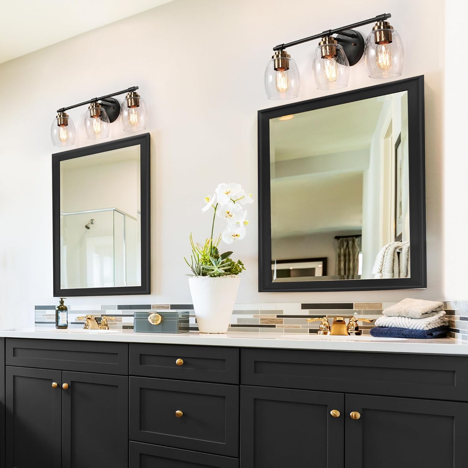 classy leaves Lámparas de tocador de baño, 3 luces de tocador de color negro dorado con vidrio sembrado, moderno aplique de pared de baño de granja