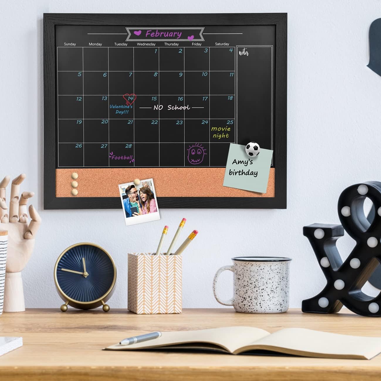 TORASO Pizarra magnética con calendario y corcho, 13 x 17 pulgadas, combinación de pizarra de tiza y tablero de anuncios, pizarra con marco de