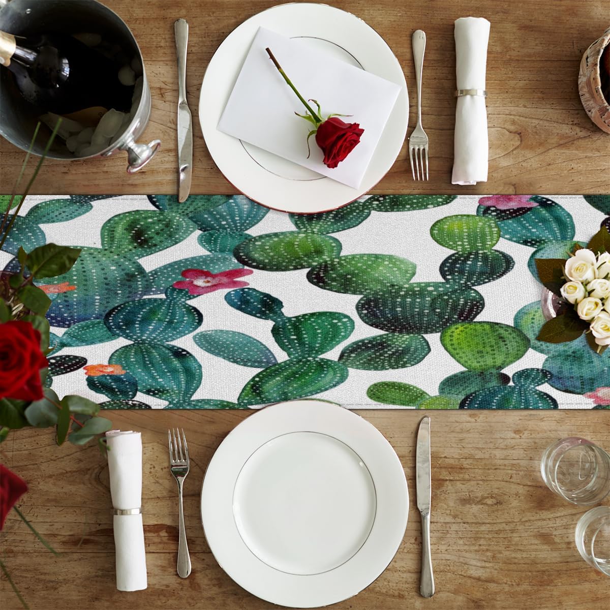 Table Runner Tropical Cactus Pattern, Rustic Linen Table Cloth, Kitchen Dining Table Decoration for Home Party Decor 13 x 48 Inches
