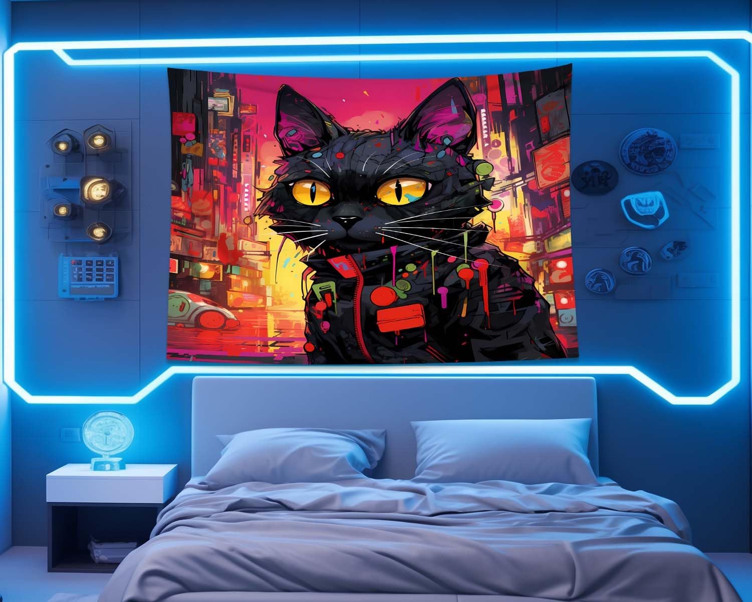 QGHOT Tapiz de gato genial, tapiz de gato para colgar en la pared, diseño de graffiti ciberpunk, gato negro, tapiz de pared para adolescentes,