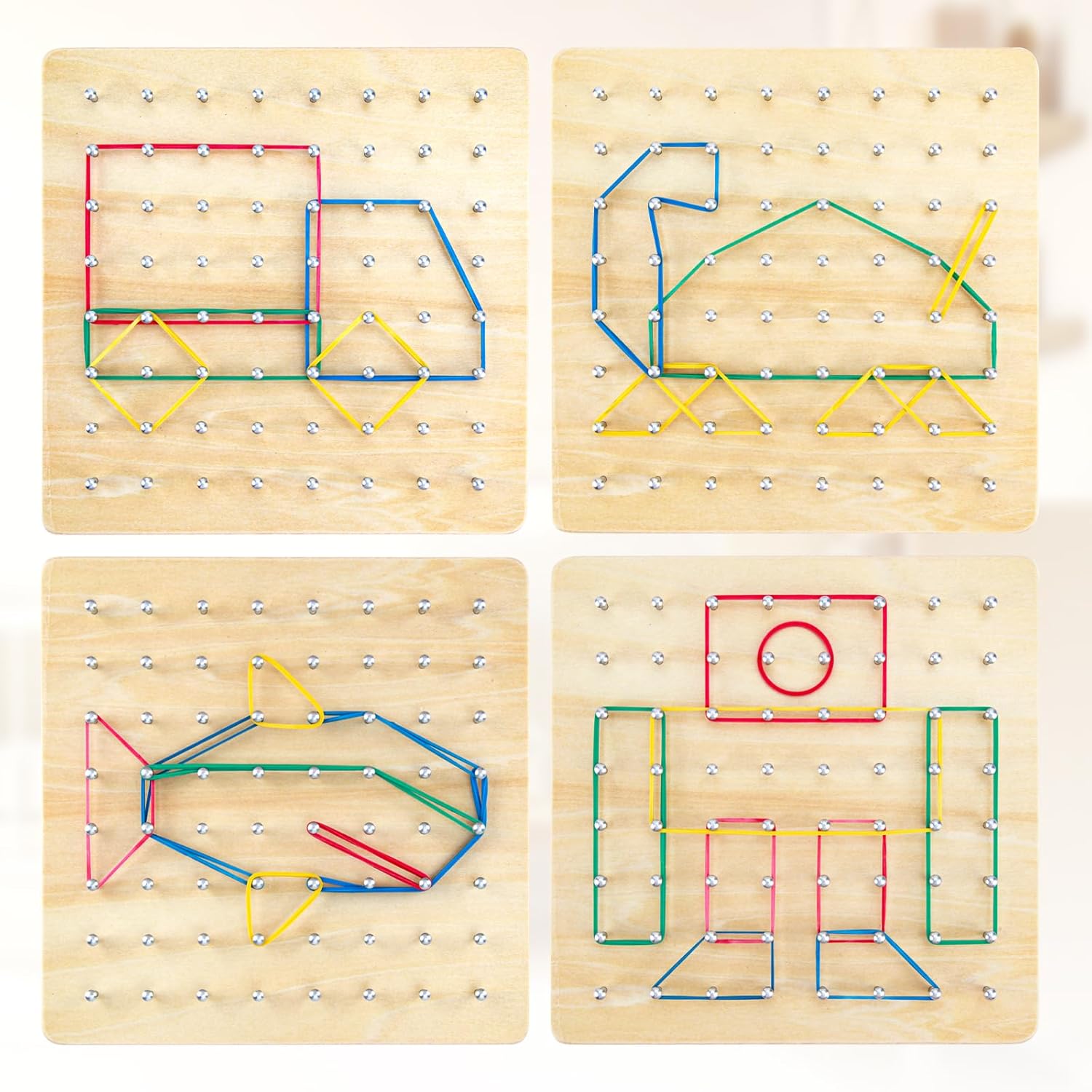 Geoboard de madera, juguete Montessori, juguete gráfico de educación matemática para niños con tarjetas de patrón y bandas de goma para figuras y