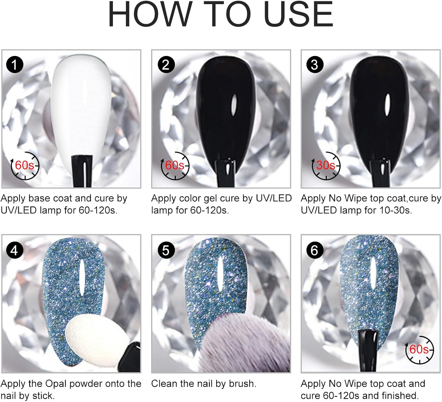 Juego de polvos de uñas Aurora Opal de 6 colores, pigmento iridiscente de arte de uñas de cristal de hielo, lentejuelas de uñas de colores
