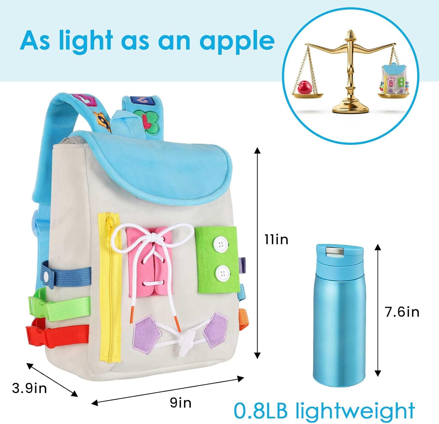 Busy Board – Mochila para niños pequeños con hebillas y juguetes de actividades de aprendizaje, desarrolla habilidades motoras finas y habilidades