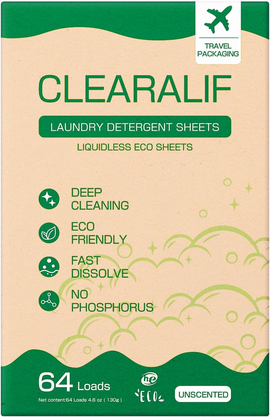 CLEARALIF CLEARALIF – Hojas de detergente para ropa, sin perfume, 64 cargas, tiras de detergente para ropa ecológicas e hipoalergénicas