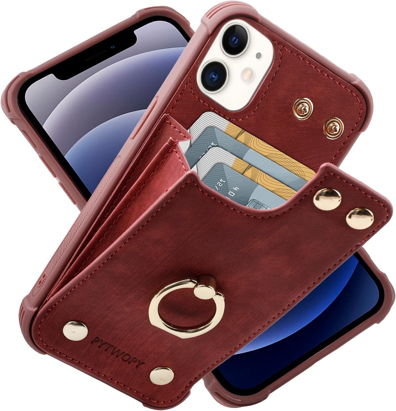 Funda tipo cartera para iPhone 12 Pro12 con tarjetero de crédito, funda protectora de cuero a prueba de golpes compatible con soporte de anillo de