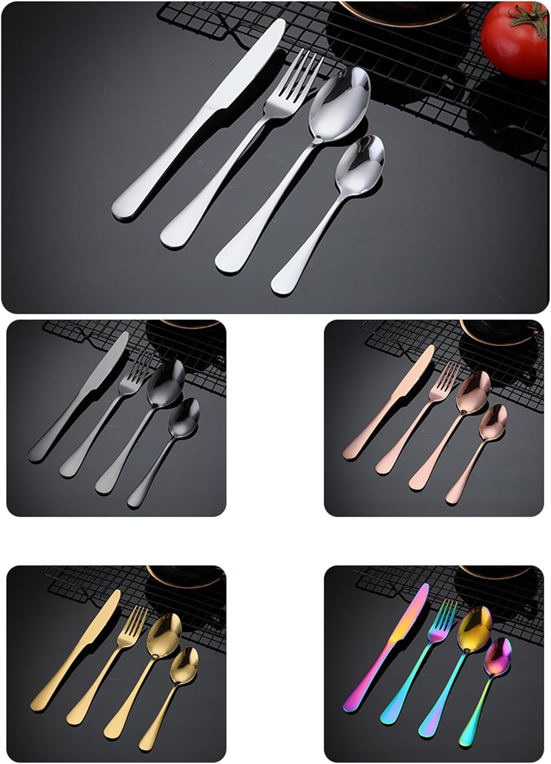 Juego de cubiertos personalizados grabados de 4 piezas de 9 pulgadas, cubiertos de acero inoxidable con cuchara, cuchillo, tenedor, acabado espejo,