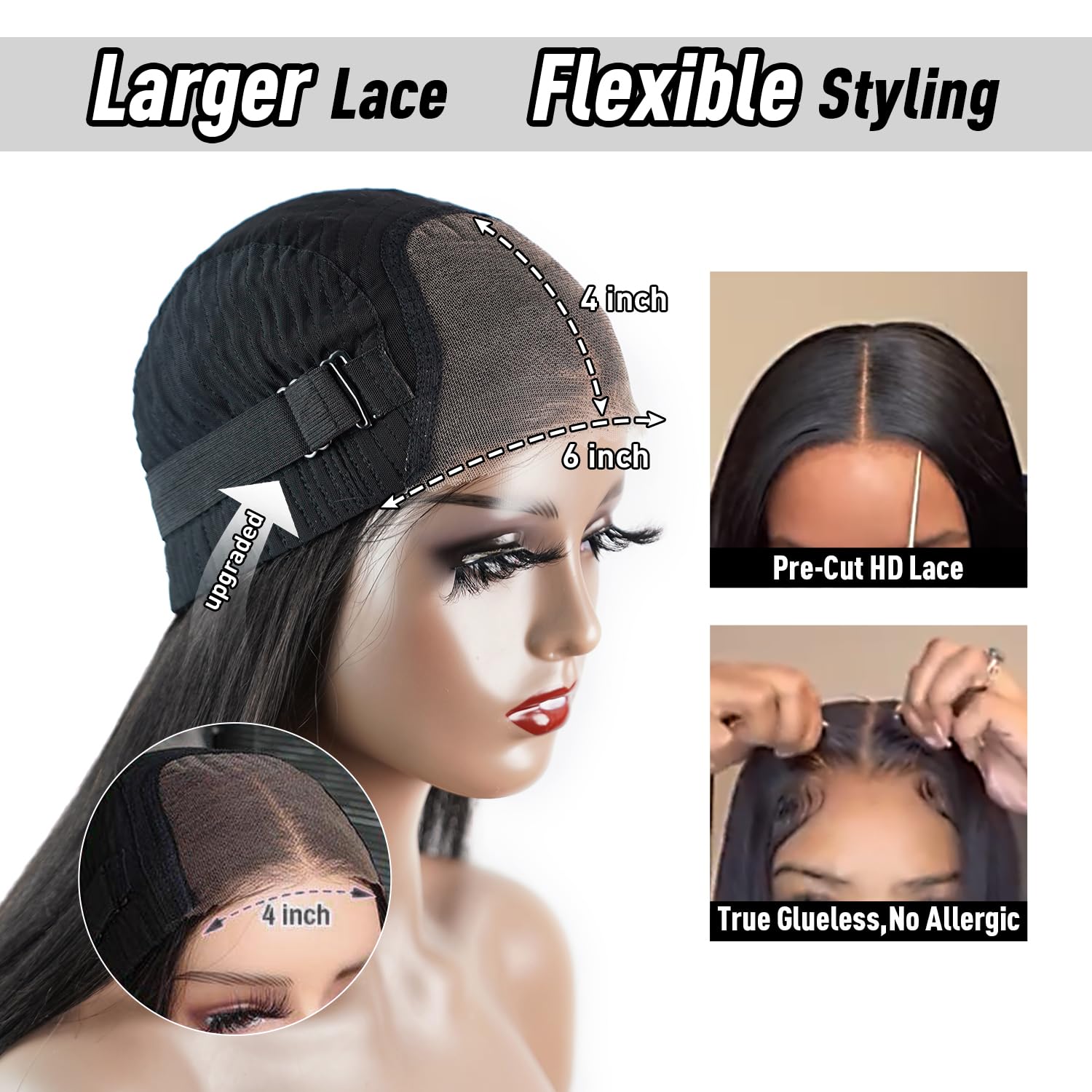 Wear and Go – Peluca de cabello humano lacio sin pegamento, encaje HD precortada de 6 x 4 pulgadas, sin pegamento, pelucas con cierre frontal de