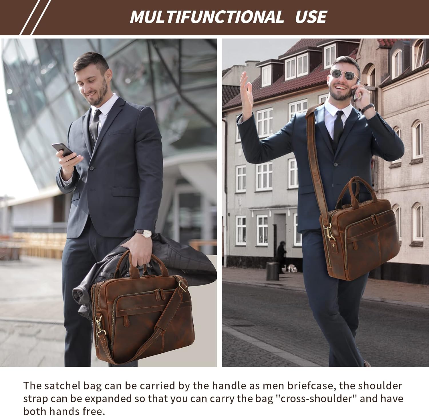 Jack&Chris Maletín de cuero para hombres,Bolso de mensajero retro de viaje de negocios,Bolsa de trabajo grande para portátil de 15.6