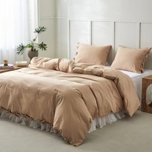 BISELINA Juego de funda de edredón 100% algodón lavado, 3 piezas con correa de corbatín, color liso, textura similar al lino, duradera, BISELINA Juego de funda de edredón 100% algodón lavado, 3 piezas con correa de corbatín, color liso, textura similar al lino, duradera,