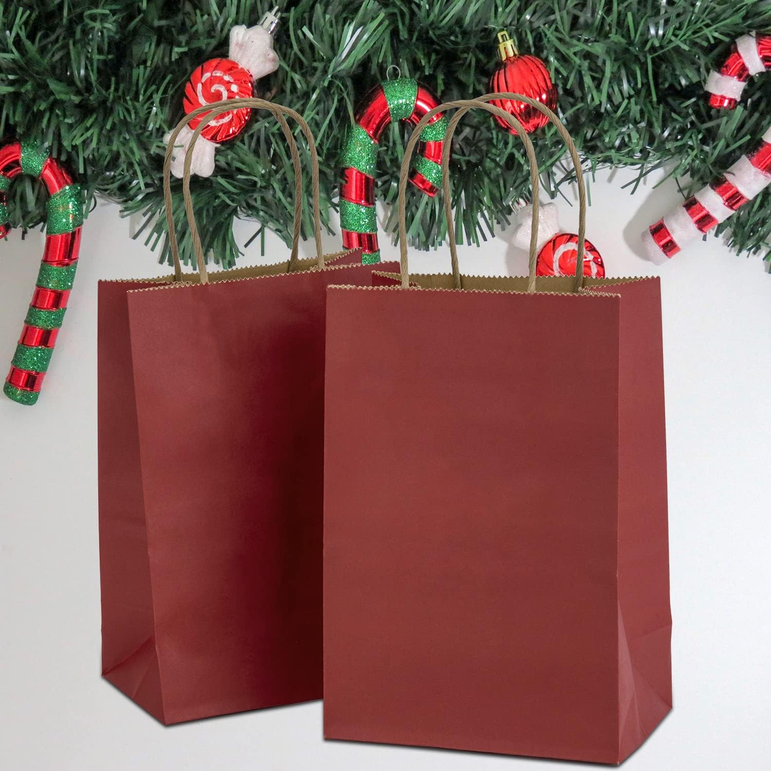 Ronvir 100 bolsas de regalo pequeñas de 5.25 x 3.75 x 8 pulgadas, bolsas de papel rojas con asas, bolsas de regalo a granel para recuerdos de
