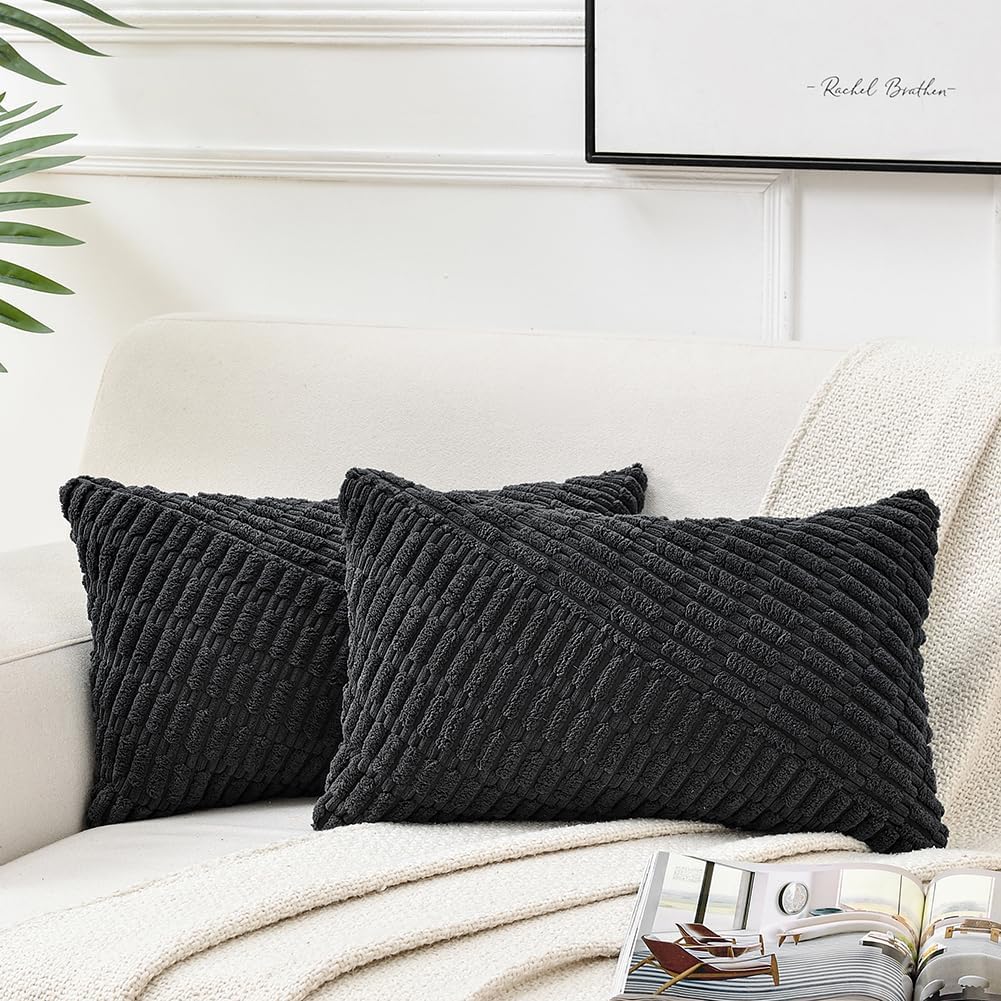 Fancy Homi Paquete de 2 fundas de almohada decorativas lumbares negras de 12 x 20 pulgadas para sala de estar, sofá cama, decoración bohemia del