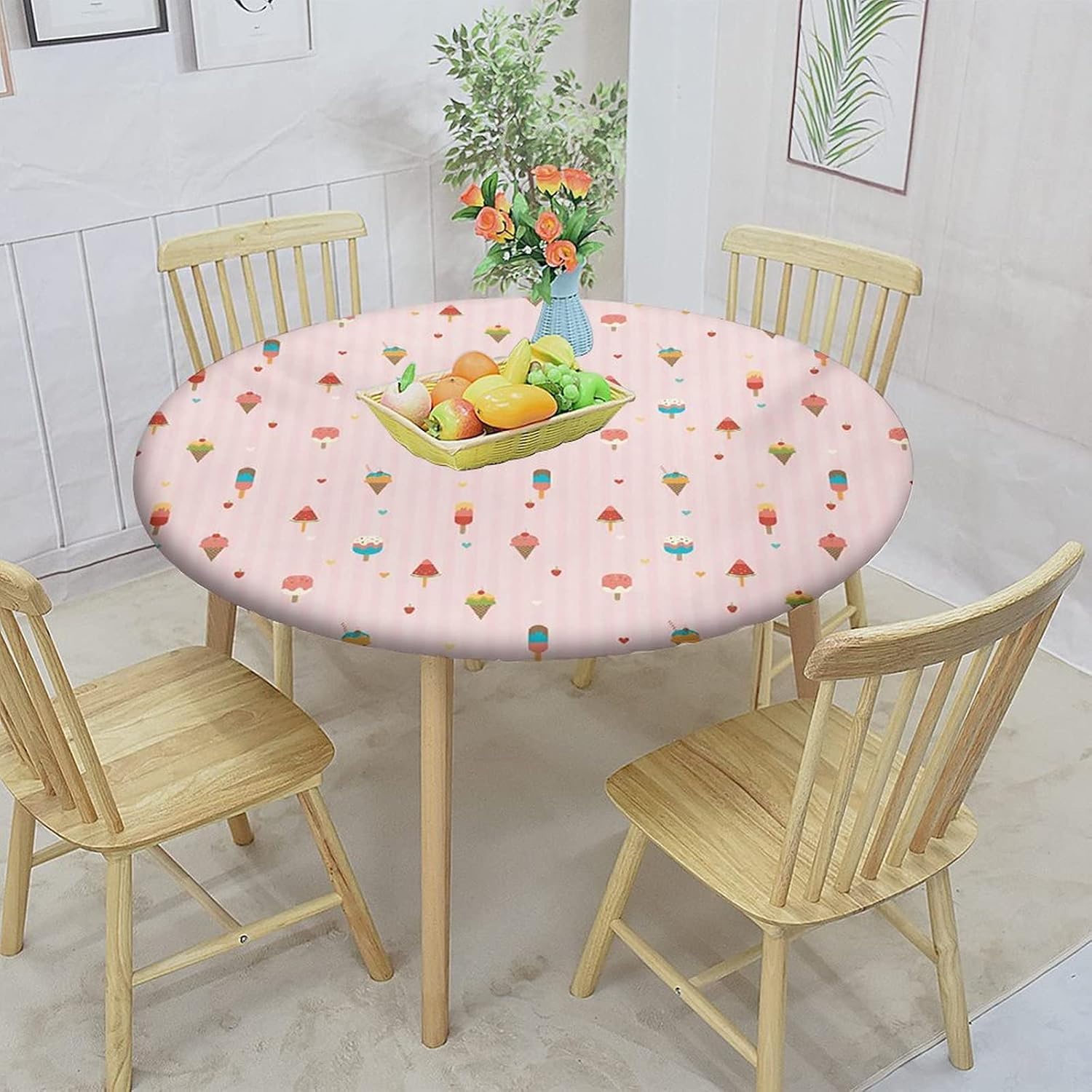 Ice Cream Round Fitted Tablecloth with Elastic Edge,Pastel Pink Striped Backdrop with Hearts Print Polyester Table Cloth, XXSmall, Fit Round Table