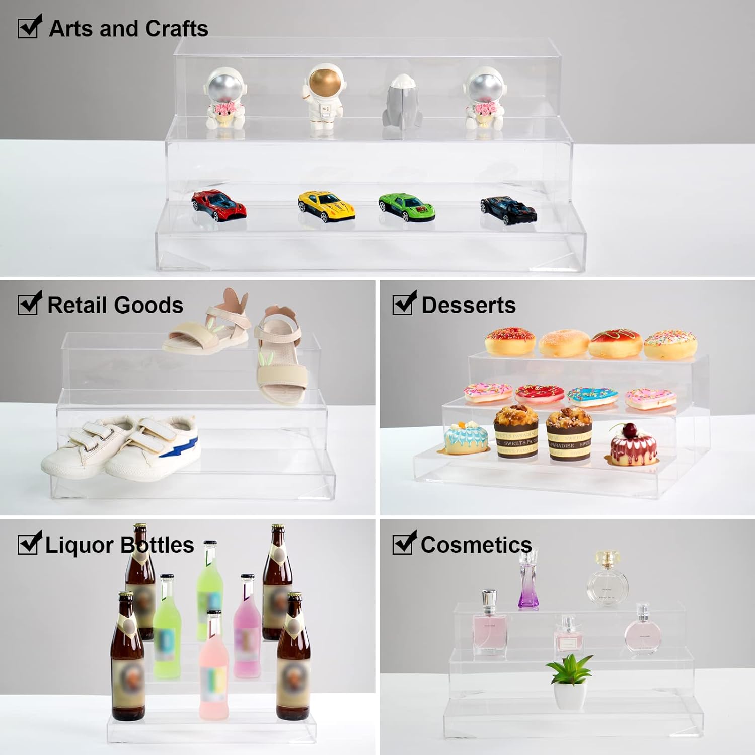 KVMORZE Estante de 3 niveles montado para botellas, expositor de acrílico transparente para joyas, pop, botellas, cupcakescoleccionables, soporte de