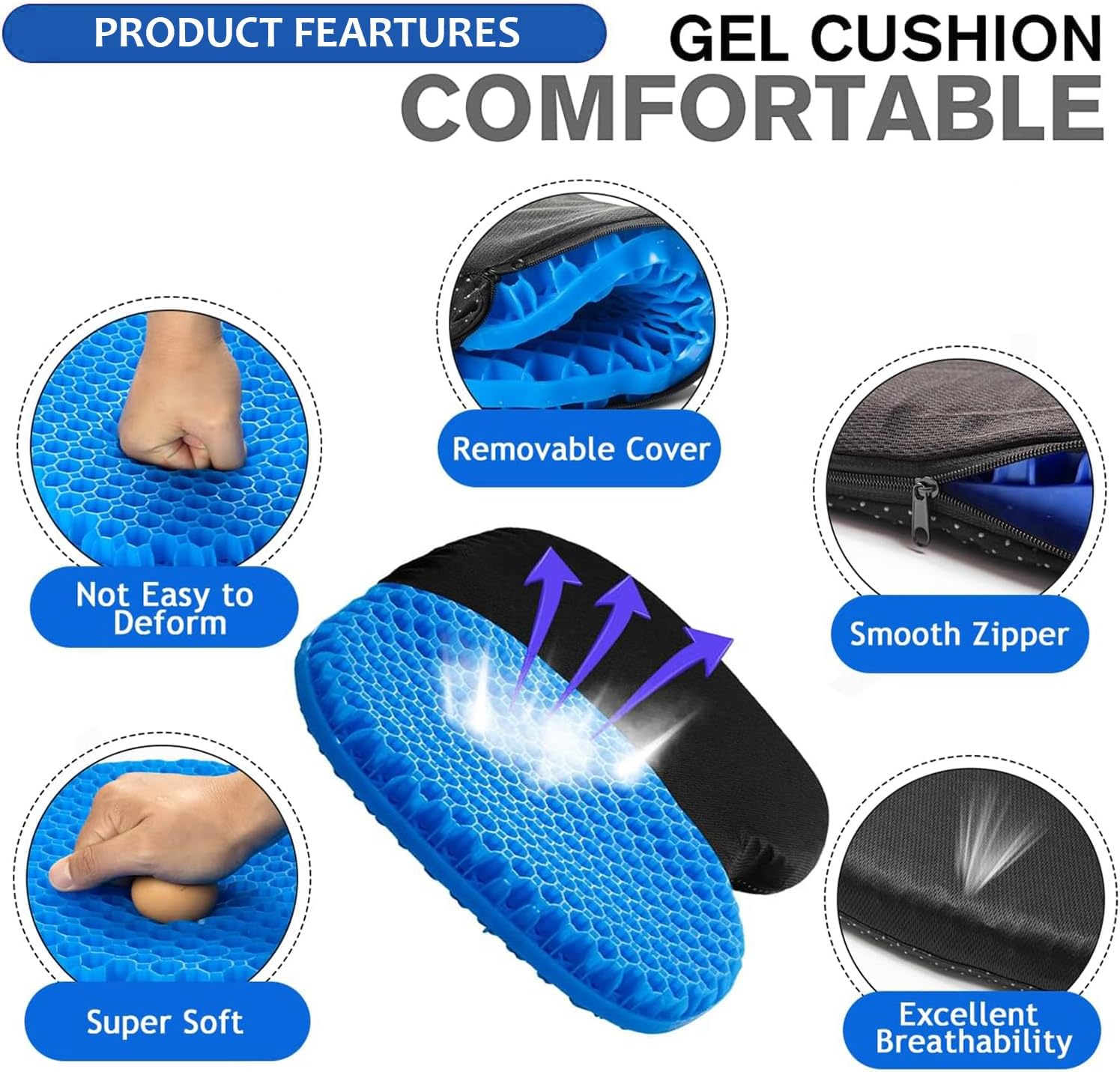 Cojín de gel para asiento de coche, cojín de gel transpirable en forma de U para sentarse durante mucho tiempo, cojín para silla de oficina, cojín