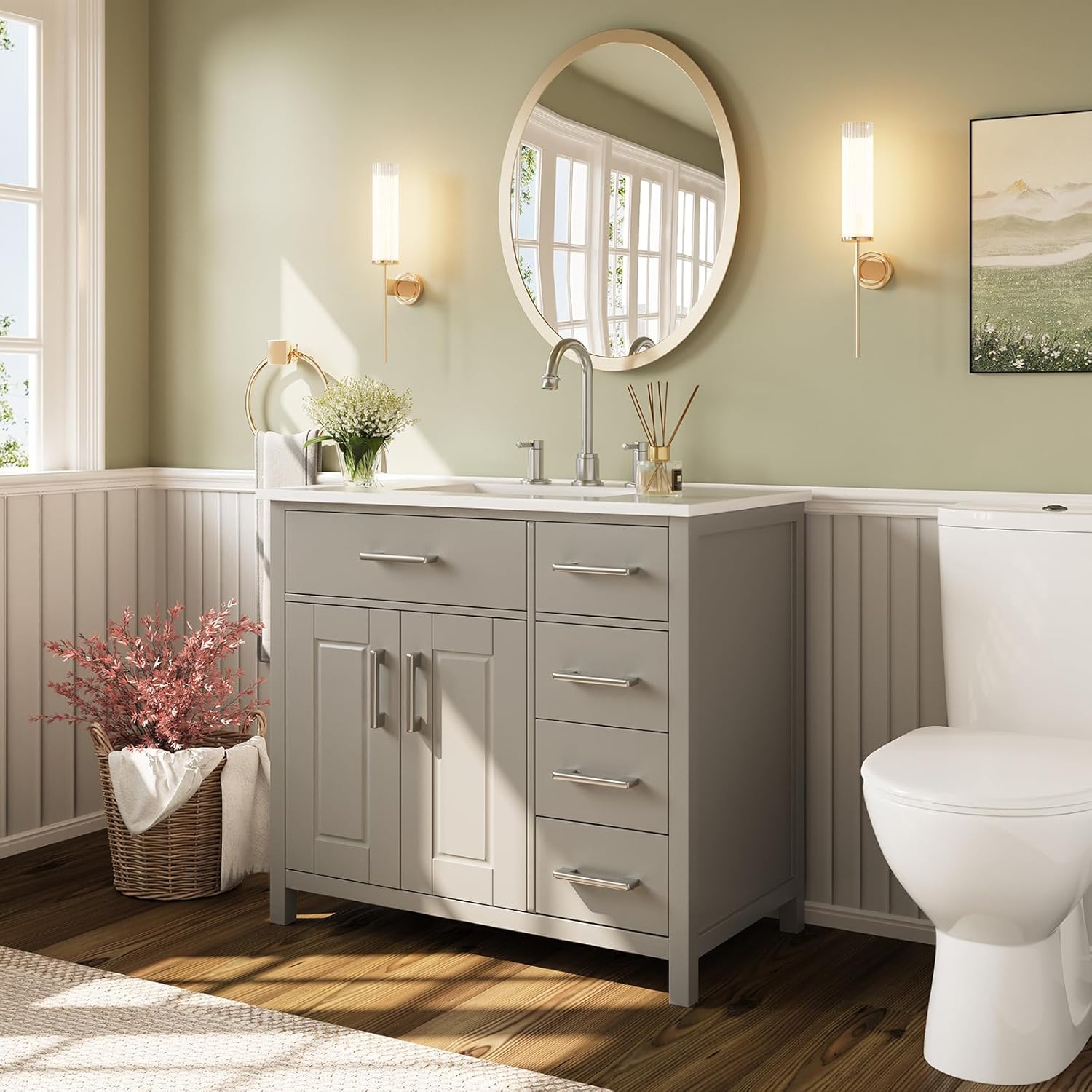 Combinación de tocador de baño de 36 pulgadas con lavabo, moderno juego de gabinete de baño individual pequeño con montaje inferior, incluye
