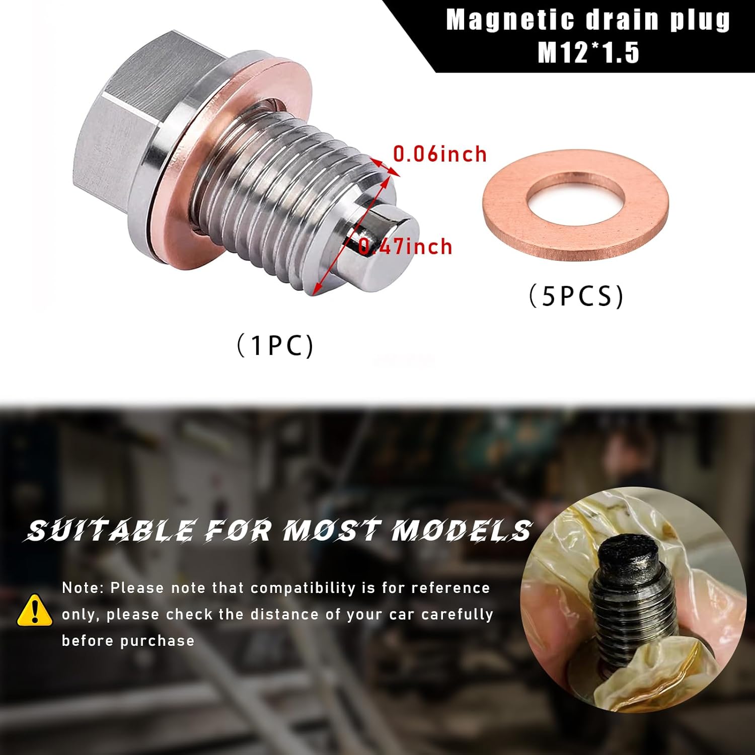 Tapón magnético de drenaje de aceite de aluminio M12 x 1.5, perno de tuerca de drenaje de sumidero de acero inoxidable con 5 arandelas de cobre,